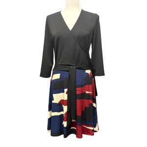 Leota High Modern Black Abstract Print Wrap Style Midi Dress 3/4 Sleeve Large‎